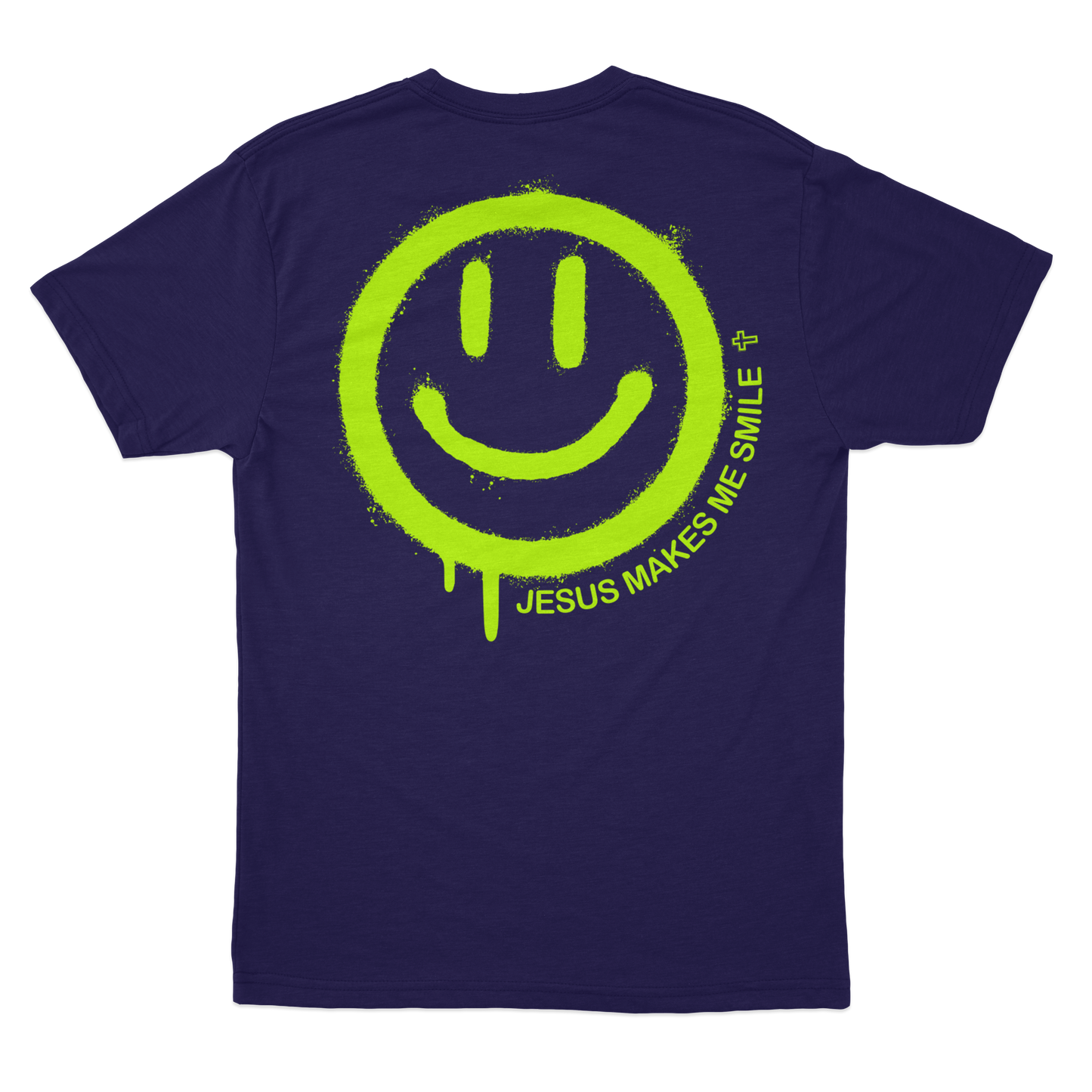 CAMISETA JESUS MAKE ME SMILE AZUL MARINHO COM VERDE FLOURECENTE - O RETIRO