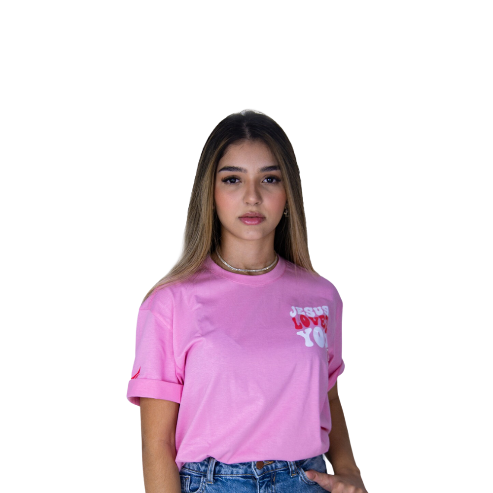 CAMISETA ADULTO UNISSEX JESUS LOVES ROSA 01 - O RETIRO