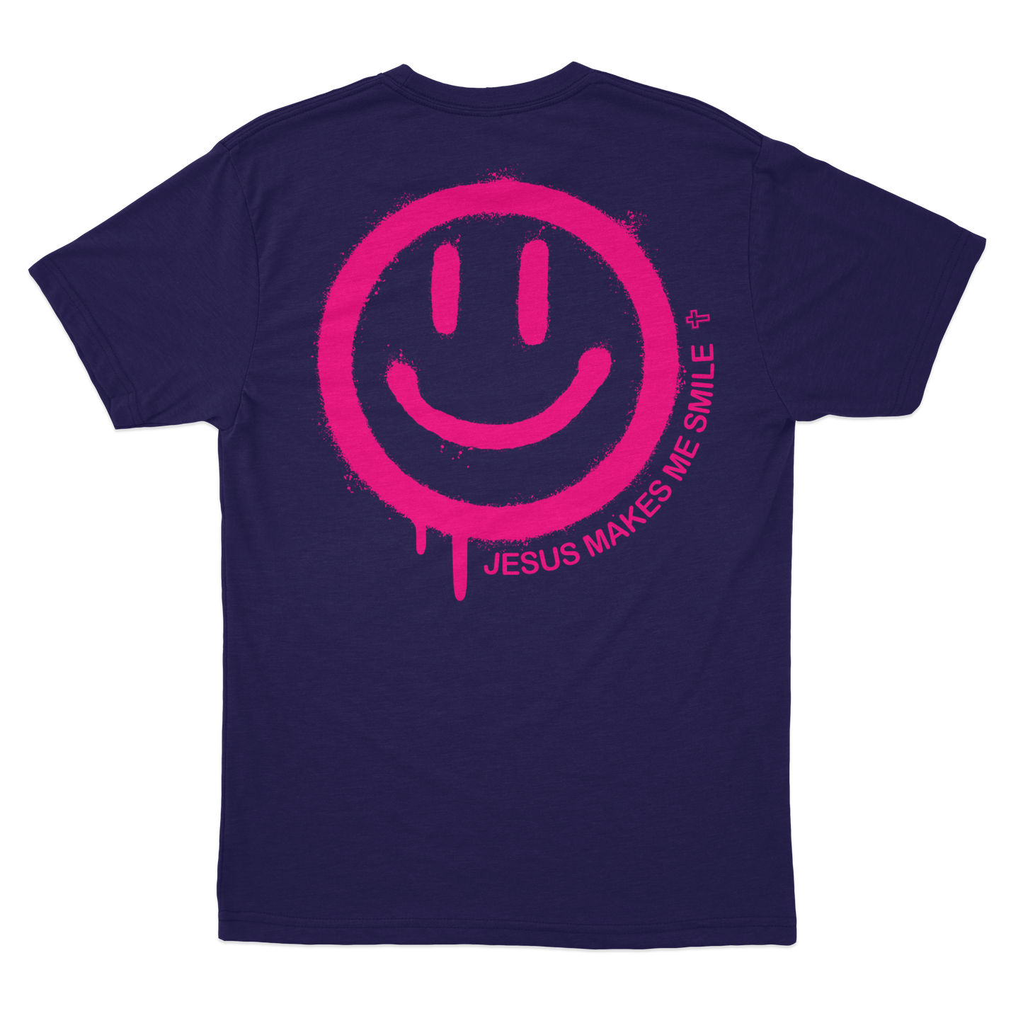 CAMISETA JESUS MAKE ME SMILE AZUL MARINHO COM ROSA FLOURECENTE - O RETIRO